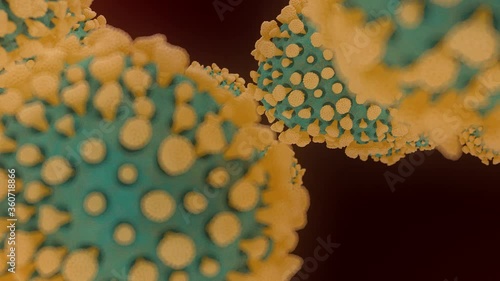 Parts of bacteria float in a body on a dark red background. 3D Rendering.
