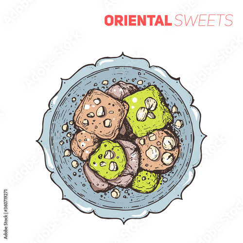 Halva on the plate vector illustration. Top view. Isolated on white.