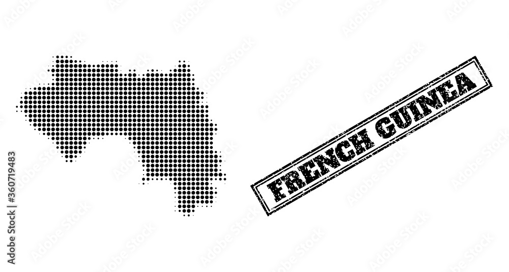Halftone map of French Guinea, and unclean seal stamp. Halftone map of French Guinea constructed with small black round pixels. Vector seal with unclean style, double framed rectangle, in black color.