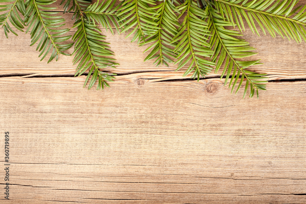 Fresh green fir branch, pine, fir-tree. Christmas background, New Year Vintage decoration on wood, wooden background, flat lay, close up, copy space for text, wallpapers Fresh green fir branch, pine, fir-tree. Christmas background, New Year Vintage decoration on wood, wooden background, flat lay, close up, copy space for text, wallpapers