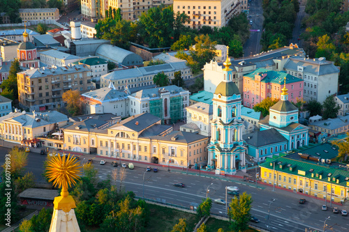 RUSSIA, MOSCOW: AUGUST 19,2011. Ustyinskaya Embankment at sunset. Moscow historical center aerial view at sunset