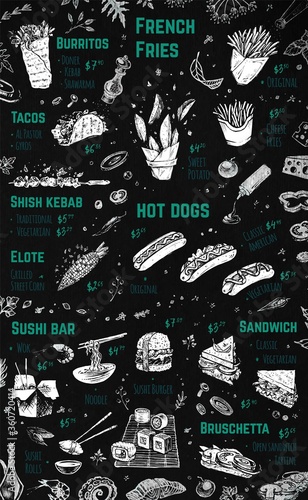 Street food festival menu design vector illustration for hipster market. Chalk drawing of american, mexican and asian meal at vintage brochure with prices for doner kebab, fries, sandwich and taco