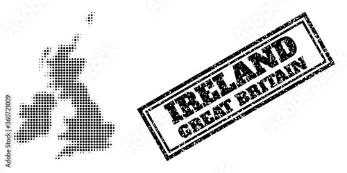 Halftone map of Great Britain and Ireland, and grunge seal stamp. Halftone map of Great Britain and Ireland made with small black circle points. Vector seal with corroded style,