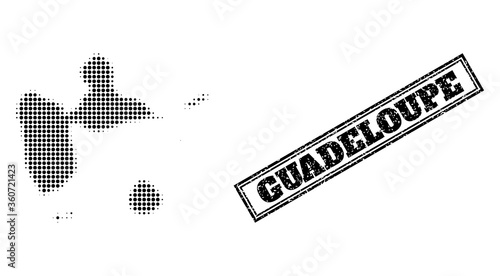 Halftone map of Guadeloupe, and scratched seal stamp. Halftone map of Guadeloupe made with small black spheric dots. Vector seal with unclean style, double framed rectangle, in black color.