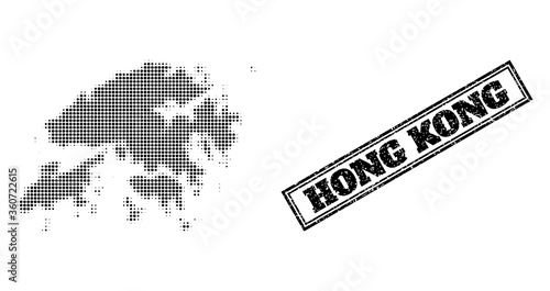 Halftone map of Hong Kong, and unclean watermark. Halftone map of Hong Kong constructed with small black circle points. Vector watermark with unclean style, double framed rectangle, in black color.