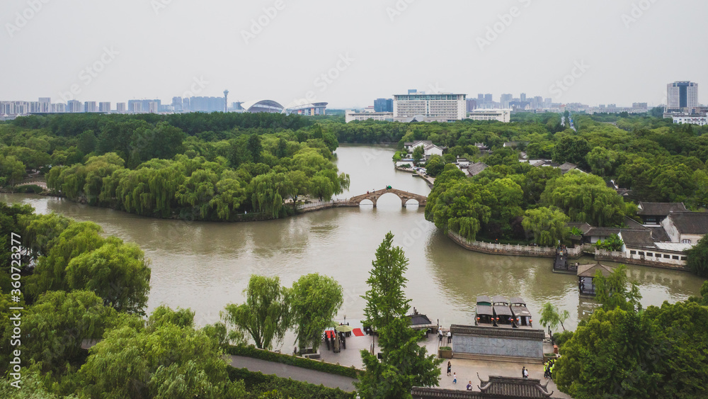 Panoramic view of South Lake scenic area and city skyline in Jiaxing, China