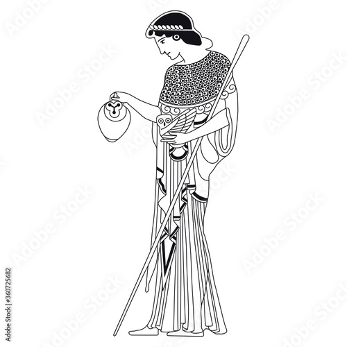 Ancient Greek goddess Athena holding amphora. spear and owl. Vase painting style. Standing antique woman in long dress. Black and white linear silhouette.