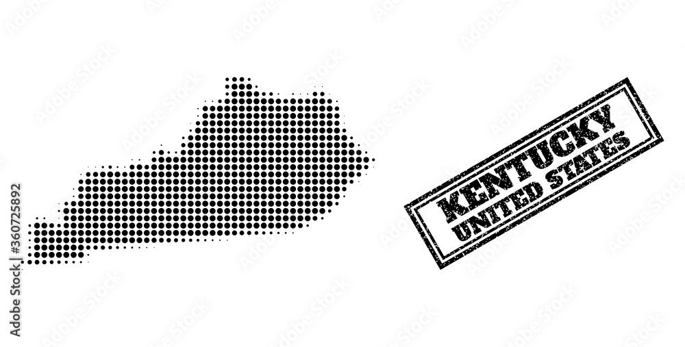 Halftone map of Kentucky State, and unclean seal stamp. Halftone map of Kentucky State made with small black spheric dots. Vector imprint with unclean style, double framed rectangle, in black color.