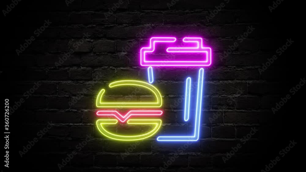 Animation burger soda neon sign mounted on brick wall. Animation burger soda neon sign mounted on brick wall.