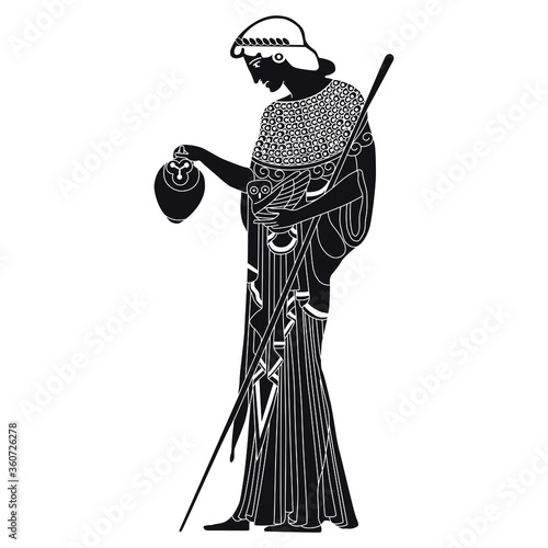 Ancient Greek goddess Athena holding amphora. spear and owl. Vase painting style. Standing antique woman in long dress. Black and white silhouette.