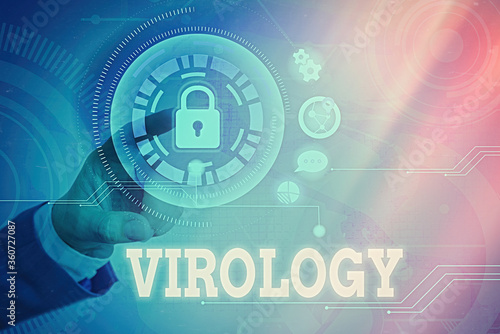 Word writing text Virology. Business photo showcasing branch of science dealing with the variety of viral agents and disease Graphics padlock for web data information security application system photo