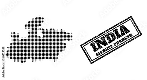 Halftone map of Madhya Pradesh State, and rubber watermark. Halftone map of Madhya Pradesh State made with small black spheric pixels. Vector watermark with unclean style, double framed rectangle,
