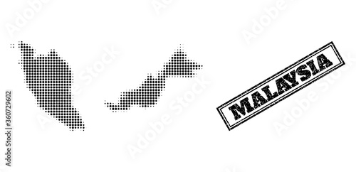 Halftone map of Malaysia, and dirty seal stamp. Halftone map of Malaysia constructed with small black spheric pixels. Vector seal with distress style, double framed rectangle, in black color.