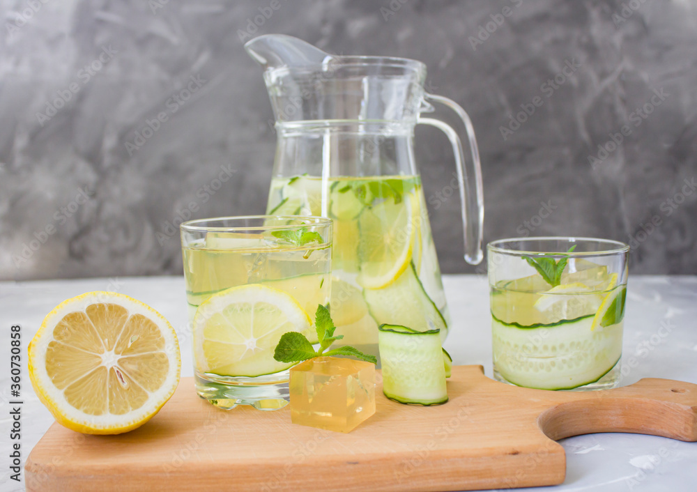 Lemon drink with cucumber and mint. Cooling drink. Pour a drink into a glass Lemon drink with cucumber and mint. Cooling drink. Pour a drink into a glass