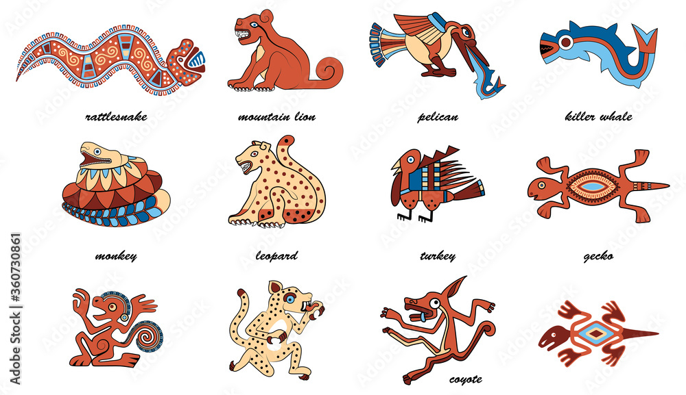 Set of Native American Pre Columbian Aztec Animal Vector Illustrations Set of Native American Pre Columbian Aztec Animal Vector Illustrations