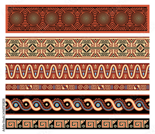Traditional Native American Aztec Seamless Vector Borders Patterns Set photo