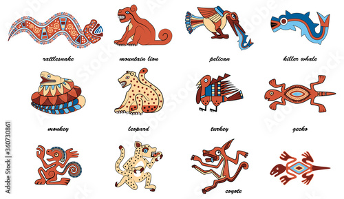Set of Native American  Pre Columbian Aztec Animal Vector Illustrations