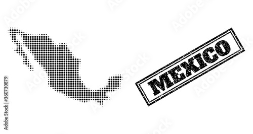 Halftone map of Mexico, and unclean watermark. Halftone map of Mexico designed with small black circle pixels. Vector watermark with corroded style, double framed rectangle, in black color.