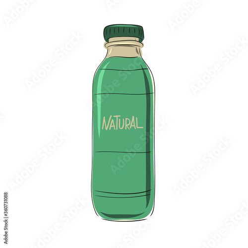 Natural detox smoothie. Glass or plastic bottle with a healthy drink. A high can with a green drink and the word natural. Vector illustration for food and drink in cartoon, hand drawn style.