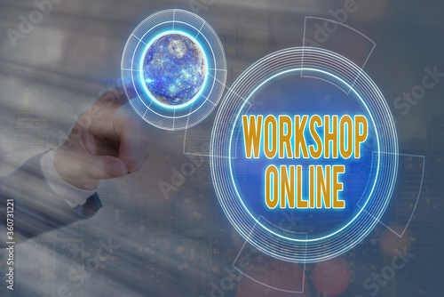 Conceptual hand writing showing Workshop Online. Concept meaning course made available, digital platform to provide knowledge Solar system image. Elements of this image furnished by NASA photo