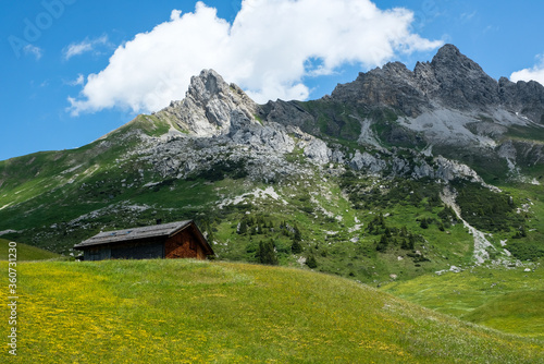 Log House with colorful alpine meadow and peaks around, Vorarlberg, Austria, Europe © Erich 