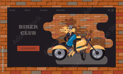 Website template of biker club for representatives o rocker subculture. Female biker motorcycle racer posing on motorcycle against battered brick wall. Landing page, website concept