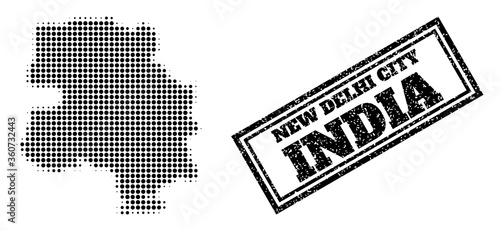 Halftone map of New Delhi City, and dirty seal. Halftone map of New Delhi City constructed with small black circle elements. Vector seal with retro style, double framed rectangle, in black color.