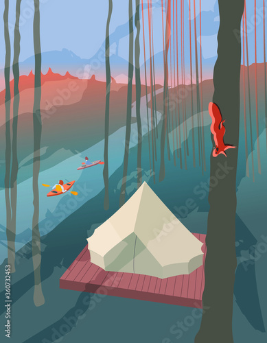 An illustration of a modern yurt tent in a riverside camping surrounded by tall pines with girls kayaking and a red squirrel running down the tree, responsible travel concept