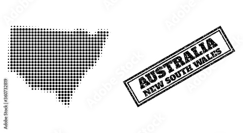 Halftone map of New South Wales, and scratched watermark. Halftone map of New South Wales constructed with small black circle pixels. Vector watermark with unclean style, double framed rectangle,