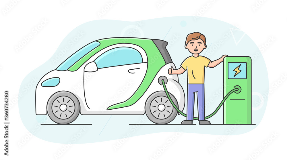 Ecological Modes Of Transport Concept, Ways Of Saving Planet And Healthy Lifestyle. Cheerful Boy Charging Electric Car At The Fuel Station. People Use Eco Transport. Cartoon Flat Vector Illustration Ecological Modes Of Transport Concept, Ways Of Saving Planet And Healthy Lifestyle. Cheerful Boy Charging Electric Car At The Fuel Station. People Use Eco Transport. Cartoon Flat Vector Illustration