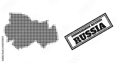 Halftone map of Novosibirsk Region, and textured seal. Halftone map of Novosibirsk Region made with small black round points. Vector seal with distress style, double framed rectangle, in black color.