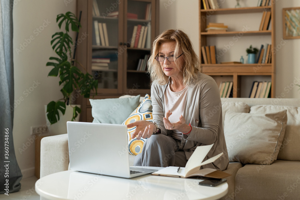 Middle aged female explaining something to online interlocutor during talk Middle aged female explaining something to online interlocutor during talk
