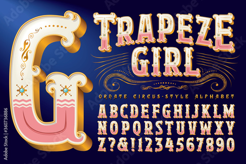 An Ornate Circus Style Alphabet with Metallic Gold Accents and Detailed Flourishes