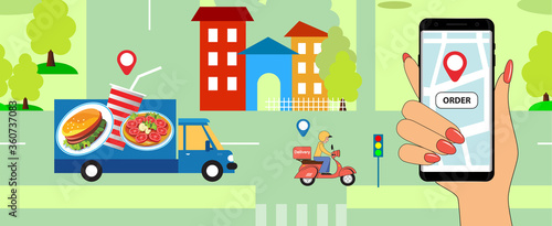 Online Fast Food Delivery Service. Vector image of a scooter and a truck with food on the background of urban buildings and streets with roads and trees of the city. Smartphone for ordering food onlin