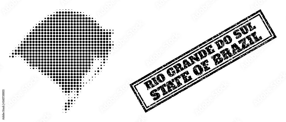 Halftone map of Rio Grande do Sul State, and grunge seal. Halftone map of Rio Grande do Sul State designed with small black circle elements. Vector imprint with grunge style, double framed rectangle,
