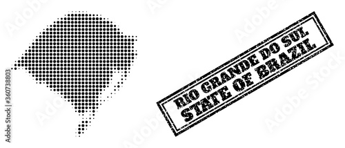 Halftone map of Rio Grande do Sul State, and grunge seal. Halftone map of Rio Grande do Sul State designed with small black circle elements. Vector imprint with grunge style, double framed rectangle,