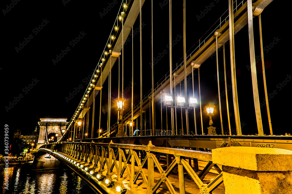Fototapeta premium A view across the Chain Bridge across the River Danube in Budapest at night in the summertime