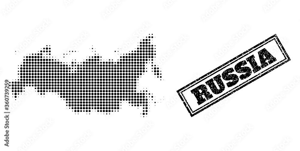 Halftone map of Russia, and unclean seal. Halftone map of Russia generated with small black round dots. Vector imprint with unclean style, double framed rectangle, in black color.