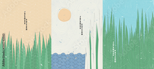 Vector illustration. Minimalist style. Grass near water. Cane. Japanese old style. Topographic pattern. Design for poster,  cover, greeting card, brochure. Line art. Grunge textured backgrounds set