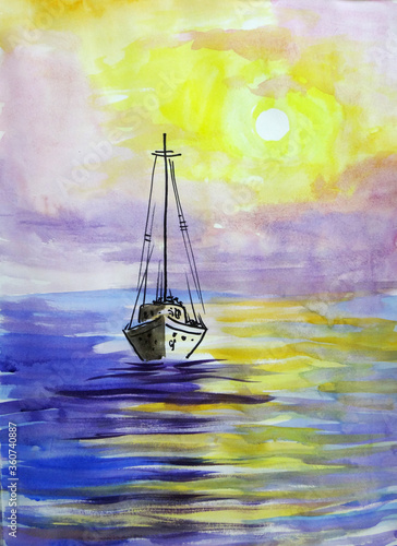Evening seascape with sailboat by the sea at sunset.