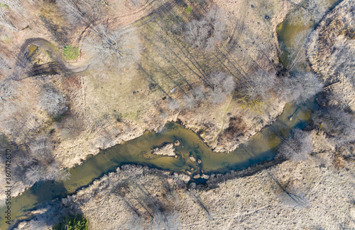 Aerial view of spring landscape river