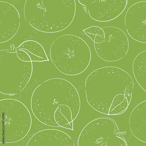 Seamless vector pattern with hand drawn sketch apples on green background. Line illustrations of sliced and whole fruit. For market, kitchen, textile, menu.