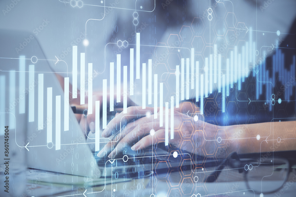 Multi exposure of woman hands typing on computer and financial graph hologram drawing. Stock market analysis concept. Multi exposure of woman hands typing on computer and financial graph hologram drawing. Stock market analysis concept.
