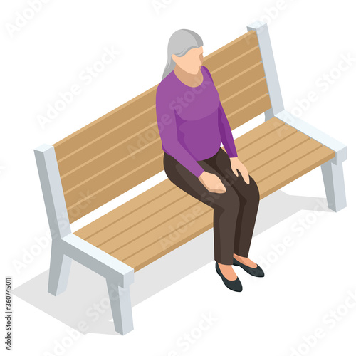Isometric old woman sitting on a bench and resting , front view, Isolated on white background