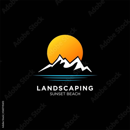 sunset / sunrise logo with mountain and beach landscape logo templates