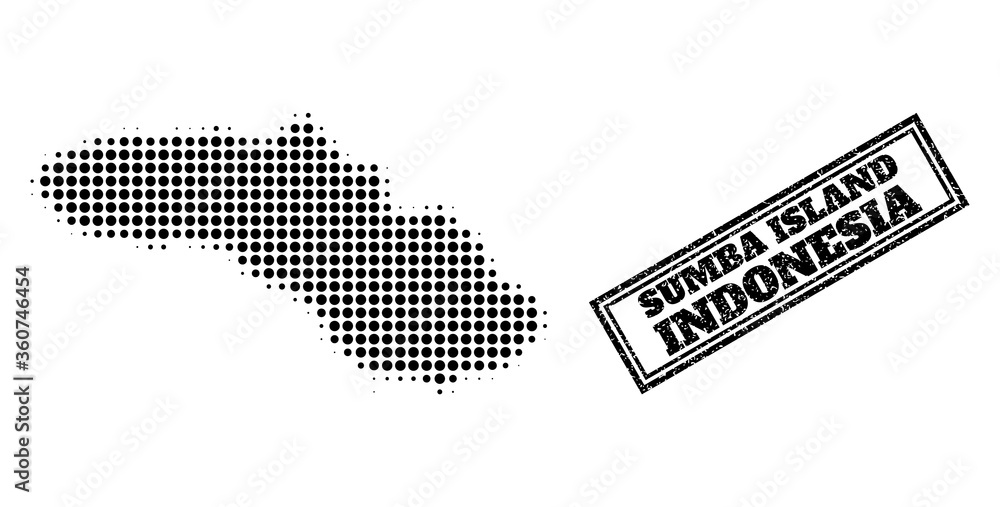 Halftone map of Sumba Island, and scratched watermark. Halftone map of Sumba Island generated with small black round points. Vector watermark with unclean style, double framed rectangle,
