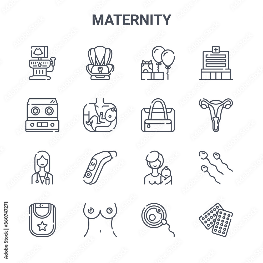 set of 16 maternity concept vector line icons. 64x64 thin stroke icons