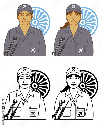set of aircraft mechanic vector icons male and female, with engine and tools isolated on a white background
