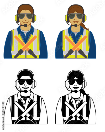 set of airport ground handler vector icons male and female, wearing safety vests and headset, holding signal light wands isolated on a white background