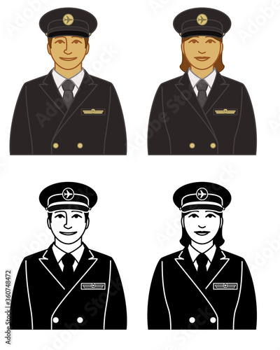 set of airline pilot, captain vector icons male and female, wearing suit, tie and cap, isolated on a white background